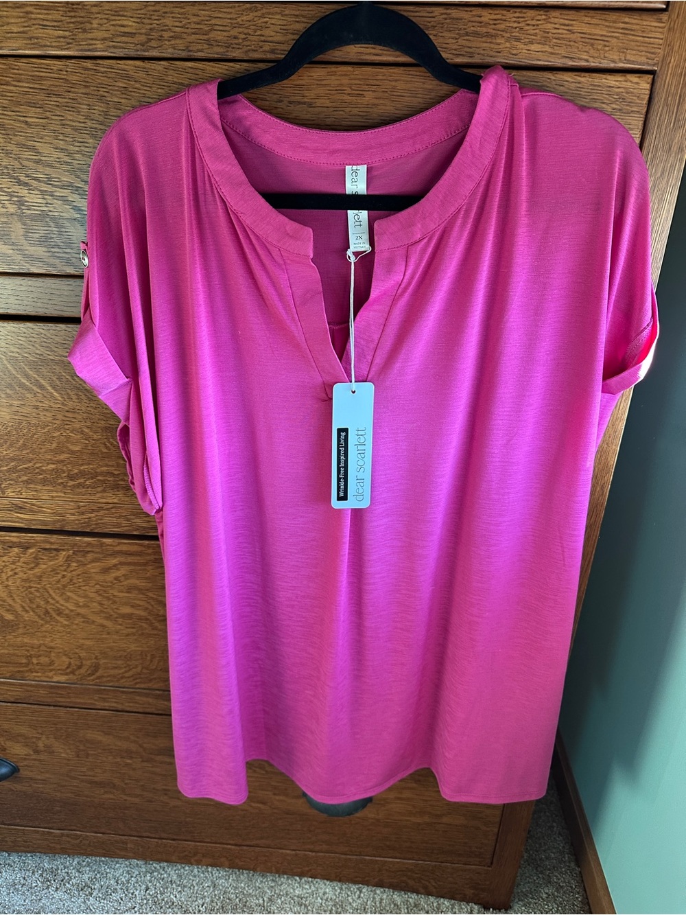 Dear Scarlett Vivid Pink Split-Neck Roll-Tab Blouse